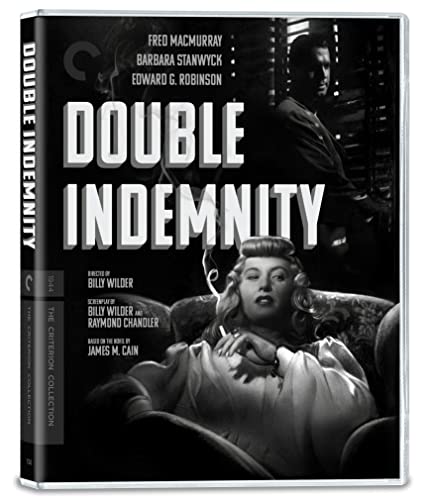 Black and white Blu-ray cover art for the film Double Indemnity featuring two actors.