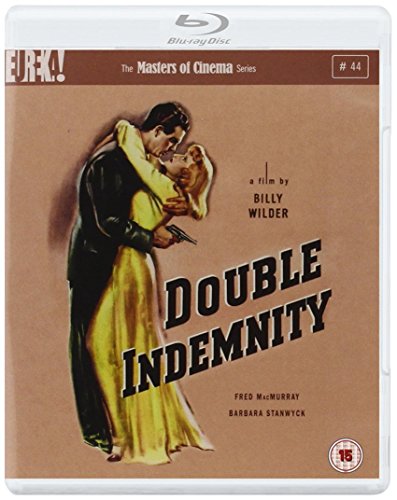 Blu-ray cover for Double Indemnity featuring an illustrated couple embracing on a brown background.