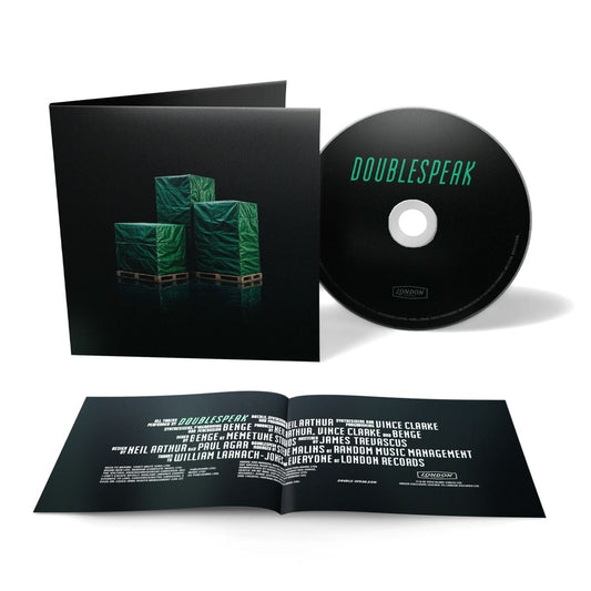 CD case for “Doublespeak” album, black background with white text details.