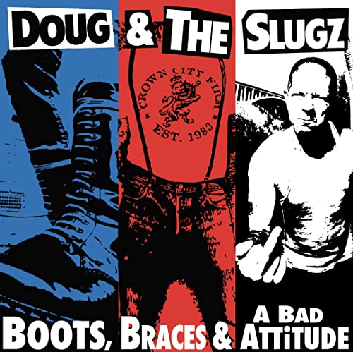 Album cover featuring boots, braces, and a man in a triptych of blue, red, white.