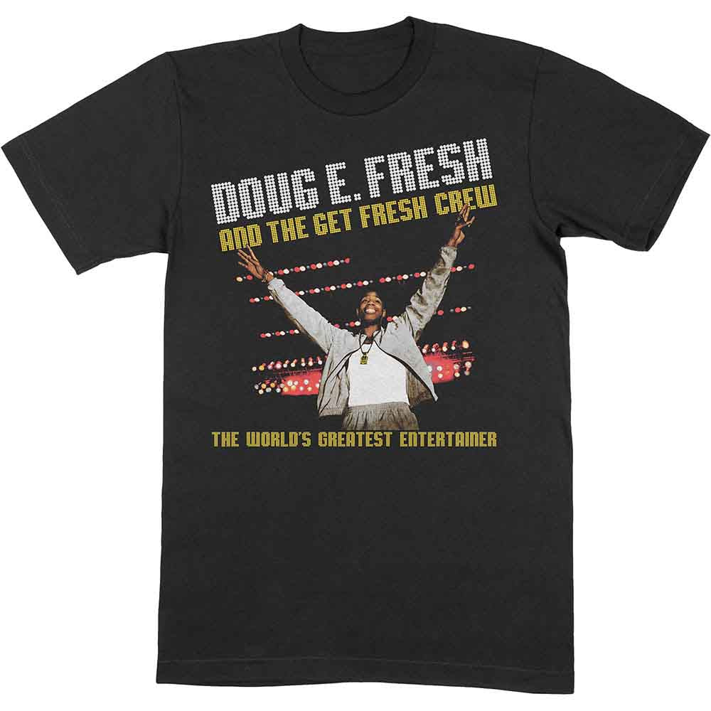 Black t-shirt with Doug E. Fresh image and text logo.