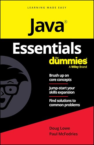 Book cover for "Java Essentials For Dummies" with a cartoon robot.