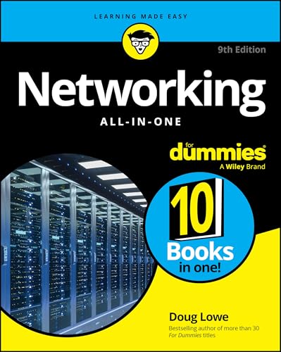 Book cover: "Networking All-in-One For Dummies," 9th edition, with server racks.