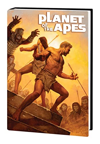 Comic book cover depicting humans fleeing apes in a retro style.