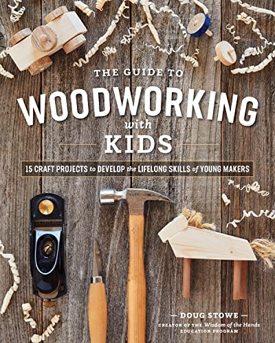 Book cover titled The Guide to Woodworking with Kids featuring tools and wooden toys.