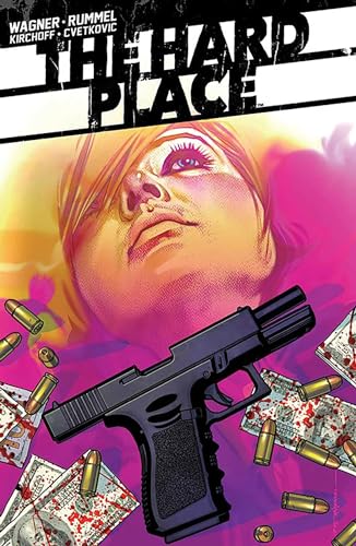 Comic book cover: woman’s face, handgun, and scattered bullets on money.