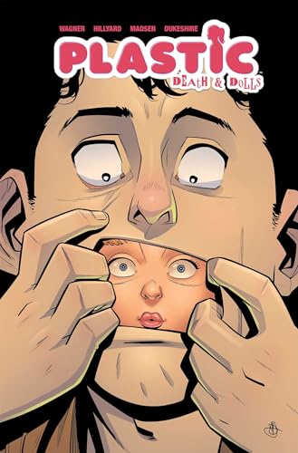 Comic book cover: man’s face with a doll embedded within his mouth.