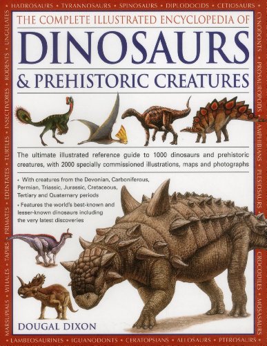 Book cover titled The Complete Illustrated Encyclopedia of Dinosaurs featuring various prehistoric creature illustrations.