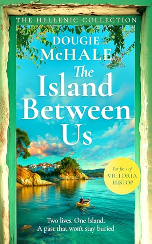 Book cover: “The Island Between Us” with a coastal landscape.