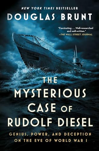 Book cover with Rudolf Diesel's portrait, industrial machinery, and dark ominous background colors.