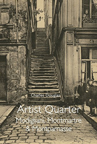 Historic Parisian street scene with stairs, book cover text overlaid.
