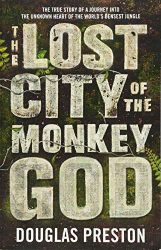 Book cover: "The Lost City of the Monkey God" with stone-like text.