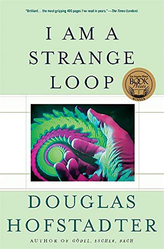Book cover: “I Am a Strange Loop” with a hand forming a spiral.