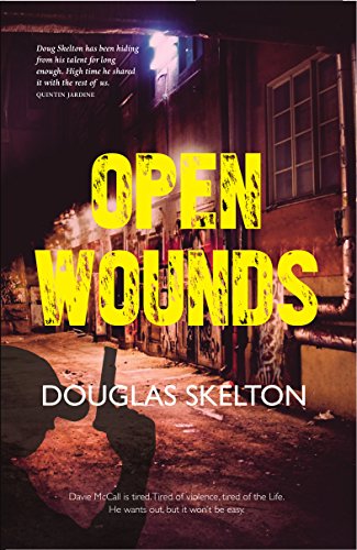 Book cover: “Open Wounds” by Douglas Skelton, featuring a shadowy figure.