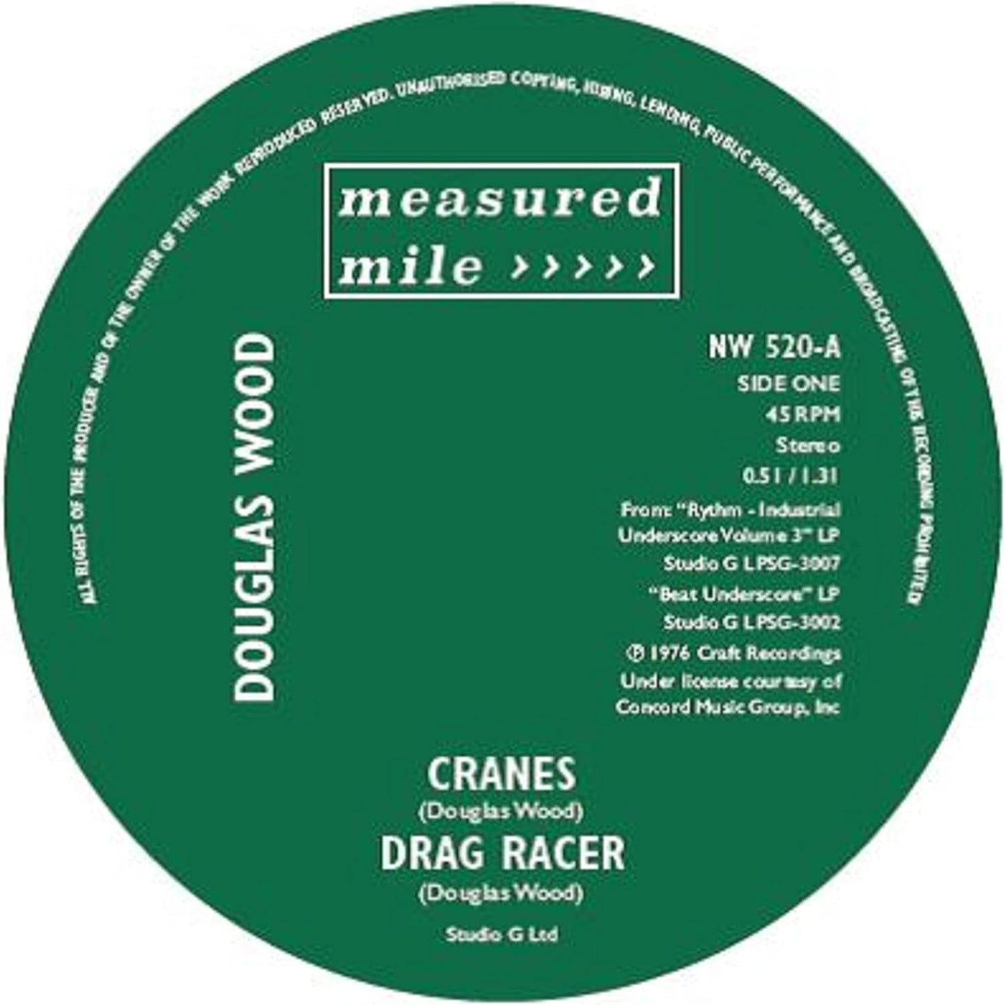 Dark green vinyl record label with white text: "Cranes / Drag Racer".