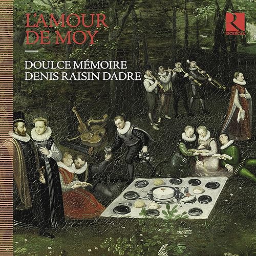 CD cover: Renaissance musicians and diners in a pastoral scene.
