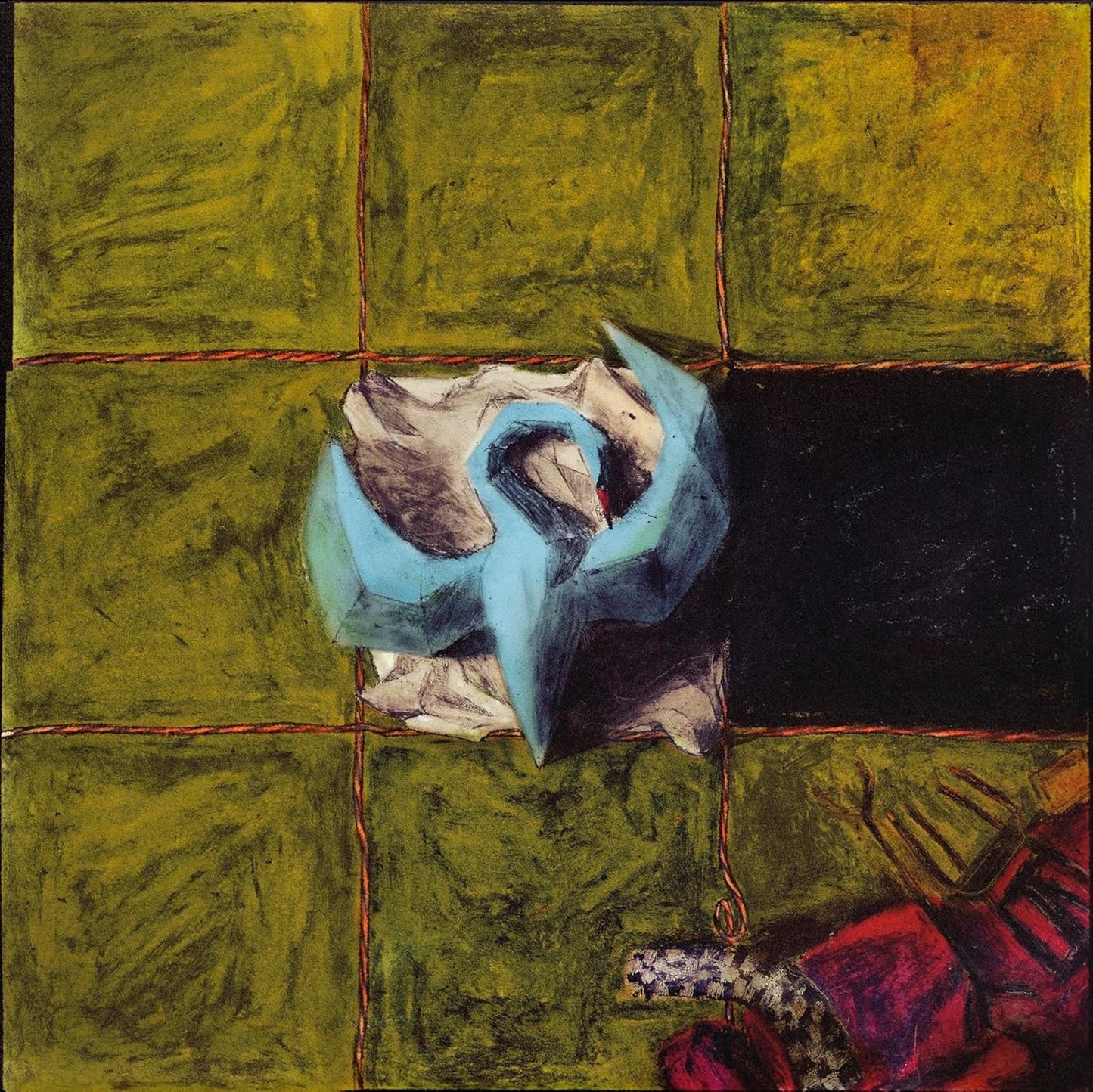 Abstract painting of a blue and white form on a green and black grid.