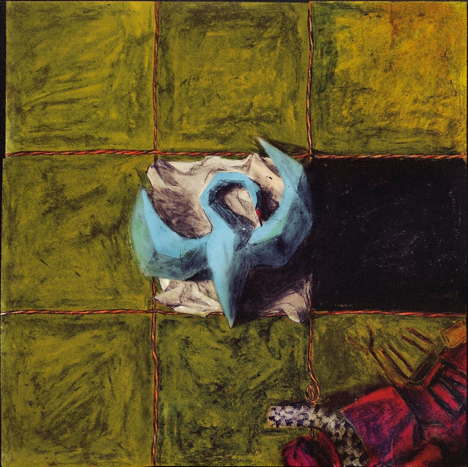 Abstract painting of a blue and white form on a green and black grid.