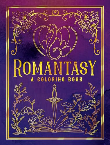 Gold floral frame around “Romantasy” title, with dragon and sword imagery.