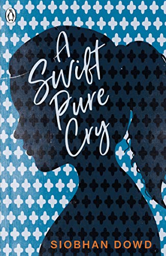 Book cover with a dark silhouette of a girl against a blue patterned background.