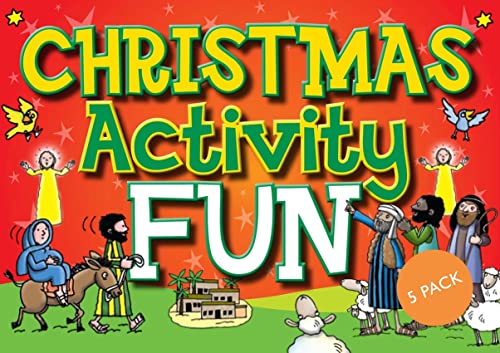 Colorful book cover titled Christmas Activity Fun with cartoon nativity characters and scenery.