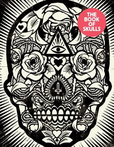 Black and white skull illustration with floral and geometric designs.