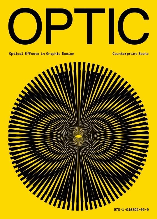 Book cover titled Optic featuring a black radial line pattern on a yellow background.