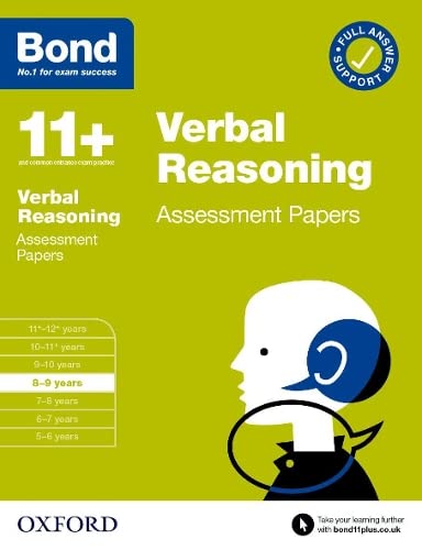 Green cover of "Bond 11+ Verbal Reasoning" assessment papers for 8-9 year olds.