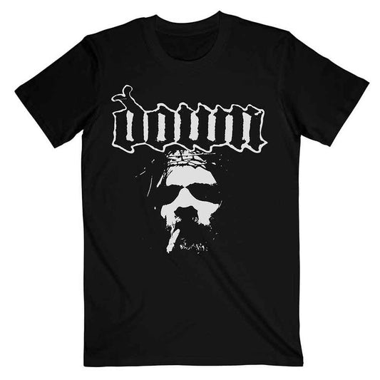 Black t-shirt with white graphic of Jesus smoking, band logo "down".