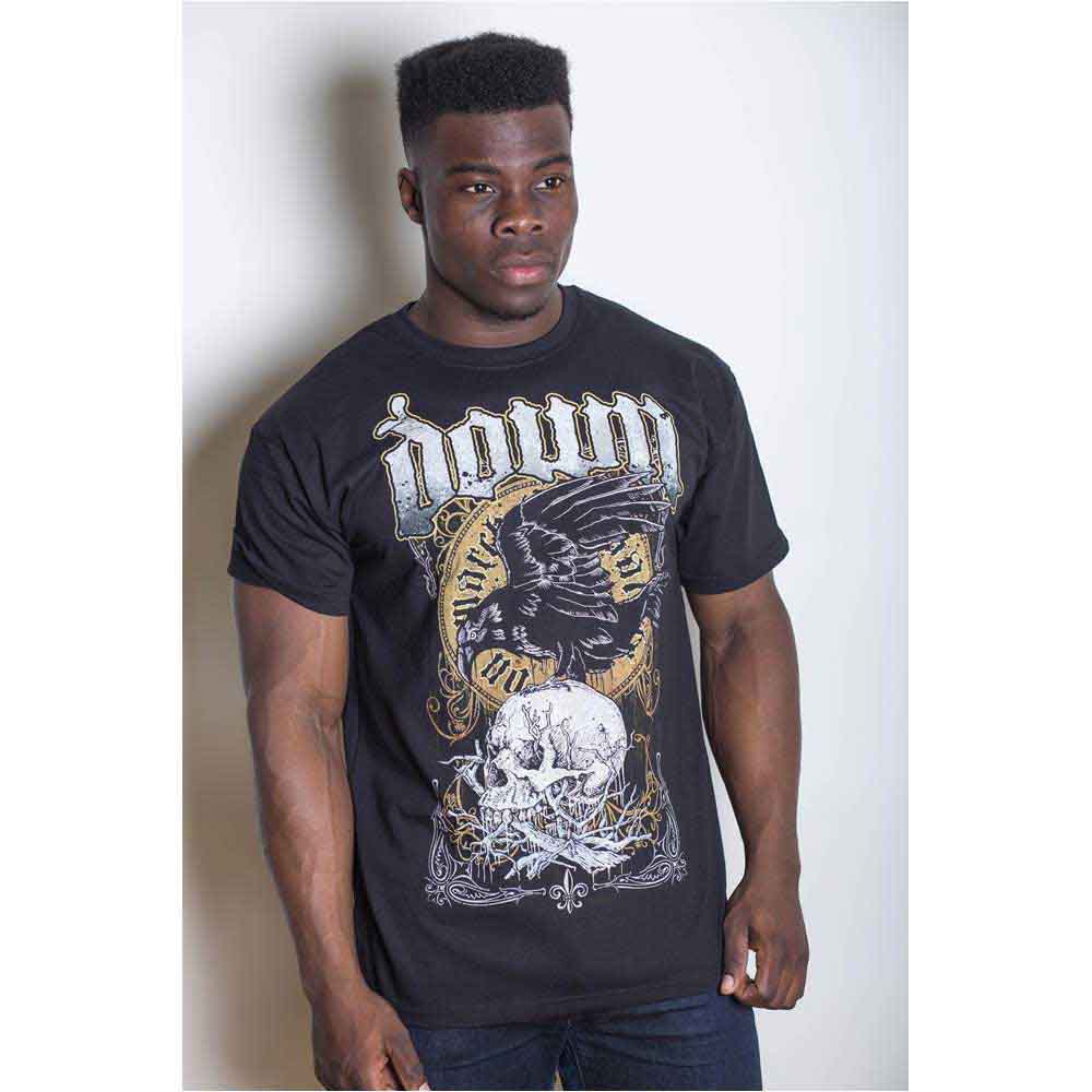 Black t-shirt with a skull, raven, and ornate graphic design.