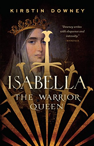 Book cover featuring a painted portrait of Isabella wearing a crown and holding swords.