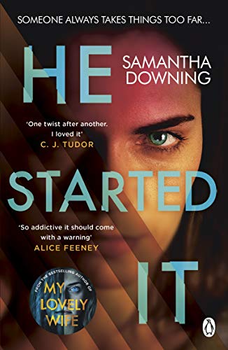 Book cover: “He Started It” with a close-up of a woman’s intense gaze.