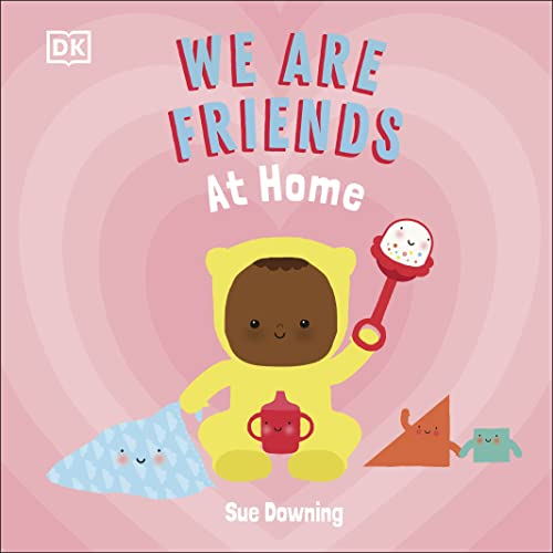 Book cover with a baby in yellow, toys, and pink heart background.