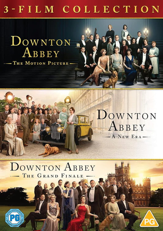 Downton Abbey three-film DVD collection box set featuring cast portraits and the estate.