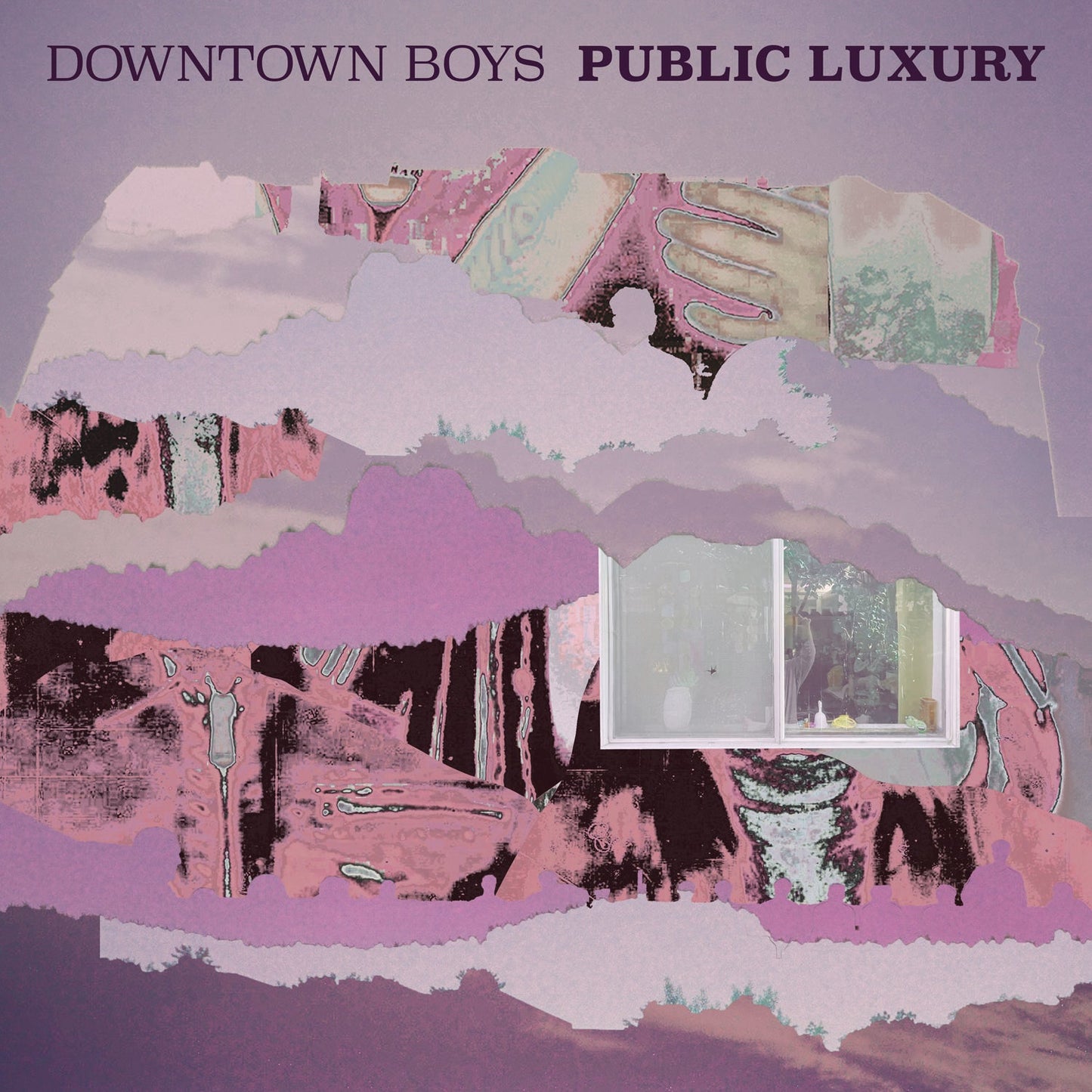 Album cover with torn paper layers, purple tones, and a window view.