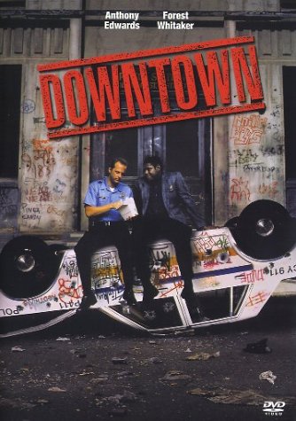 DVD cover for "Downtown" featuring two men and an overturned car.
