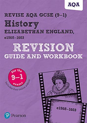 Purple history revision guide cover with Elizabethan-era portrait and "AQA" label.