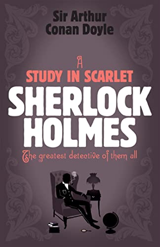 Book cover for “Sherlock Holmes: A Study in Scarlet” with detective illustration.