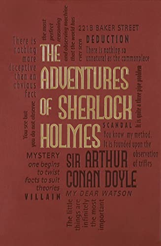 Red book cover with gold text forming a word cloud for Sherlock Holmes.