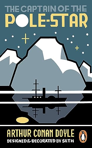 Book cover: ship in icy waters beneath mountains, stylized design.