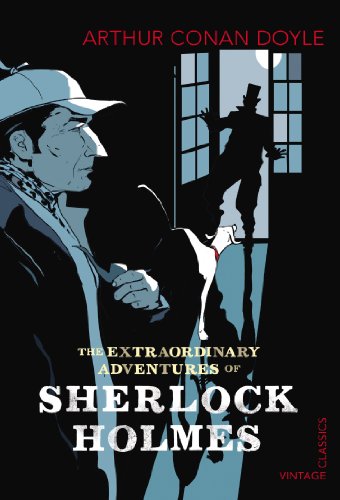 Book cover: Sherlock Holmes in silhouette, detective mystery illustration.