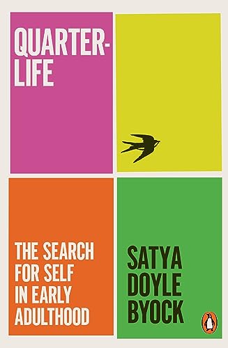 Book cover with four colored panels, bird silhouette, and white text.