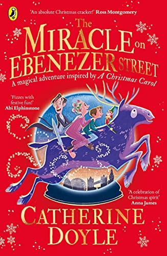 Red book cover with illustration of people riding a reindeer.