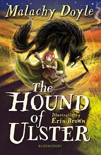 A red-haired child holding a staff stands before a large, dark, menacing hound.