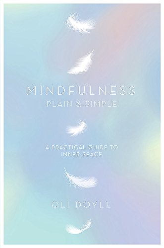 Book cover with title “Mindfulness Plain & Simple” and falling feathers.