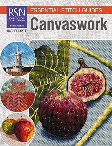 Book cover featuring colorful canvaswork embroidery examples: windmill, fruit, and animals.