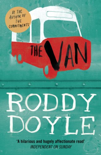 Book cover: teal background with white van illustration and bold red text.