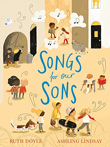 Book cover with illustrated children and musical notes on a street.