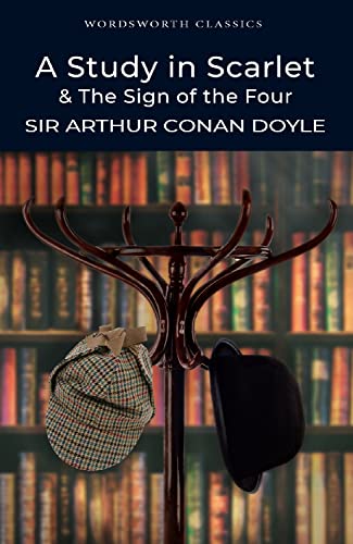 A deerstalker cap and a bowler hat hang on a rack before a library background.