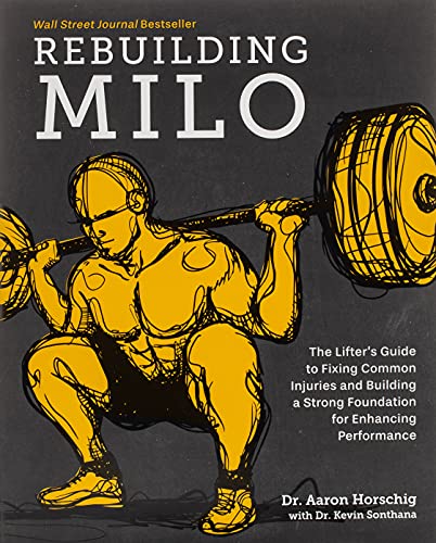 Book cover: "Rebuilding Milo" with illustration of a weightlifter squatting.